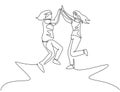 Single line drawing of two young happy women jumping and giving high five gesture to celebrate business successful. Friendship