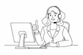 Single line drawing of a woman operator in a headset, working at a desk, giving a thumbs up during a customer service call with a Royalty Free Stock Photo