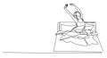 single line drawing of woman stretching in bed after waking up