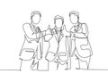 Single line drawing of young businessmen wearing suit standing up together after meeting and giving thumbs up gesture. Business