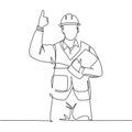 Single line drawing of young construction worker foreman carrying clipboard and giving thumbs up gesture. Building constructor Royalty Free Stock Photo