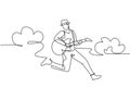 Single line drawing of young energetic guitarist jumping at stage and playing his electric guitar. Energetic musician artist Royalty Free Stock Photo