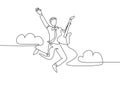 Single line drawing of young energetic guitarist jumping at stage and playing his electric guitar. Energetic musician artist Royalty Free Stock Photo