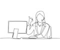 Single line drawing of young female call center worker sitting in front of computer and answering phone from customer. Customer