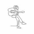 Single line drawing of young guitarist man at stage and playing his electric guitar. Sitting young male with hat showing his