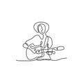 Single line drawing of young guitarist man at stage and playing his electric guitar. Standing young male with hat showing his Royalty Free Stock Photo
