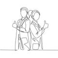 Single line drawing of young happy couple male and female doctor standing together and giving thumbs up gesture. Medical