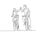 Single line drawing of young happy couple riding bicycle romantically holding hands together at outdoor park. Love relationship