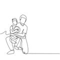 Single line drawing of young happy father hugging her child that carried a basket ball on basketball court. Parenting family