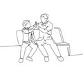 Single line drawing of young happy father sitting relax on wood bench next to his kid and giving high fives gesture. Parenting Royalty Free Stock Photo