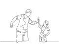 Single line drawing of young happy father and son playing football together on outdoor field and give high five gesture. Parenting Royalty Free Stock Photo