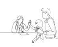 Single line drawing of young happy female doctor checking up sick patient girl and giving high five gesture. Medical healthcare