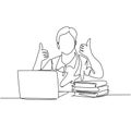 Single line drawing of young happy male college student study in the campus library beside stack of books and laptop. Education Royalty Free Stock Photo