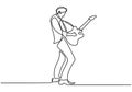 Single line drawing of young happy man playing guitar in campfire. A man who was camping was performing with a guitar on a