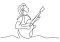 Single line drawing of young happy man playing guitar in campfire. A man who was camping was performing with a guitar on a