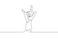 Single line drawn hand gesture, minimalistic human rock hand, symbol of rock, heavy metal, rock and roll music, two fingers up.