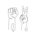 Single line drawn hand gestures,  minimalistic human hand with victory or two raised up fingers, symbol of luck, victory, piece, Royalty Free Stock Photo