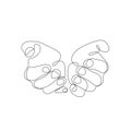 Single line drawn hand gestures, minimalistic human praying hands sign. Dynamic continuous one line graphic vector design