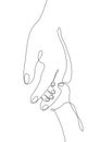 Single line drawn hand gestures,  minimalistic parent hand and baby, children hand holding finger. Love, motherhood, paternity, Royalty Free Stock Photo