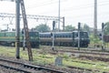 Single Line Passenger trains of Indian Railways standing on long railroad track before level crossings. South Eastern Railway, Old Royalty Free Stock Photo