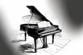 a single line sketch a grand piano, an acoustic musical instrument, with an open lid