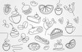 Single line sweets and coffee icons. Hand drawing food sign set. Cafe design template. Cake, donut, orange, strawberry Royalty Free Stock Photo