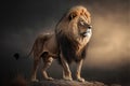 Single lion looking regal standing proudly on a small hill, AI generated Royalty Free Stock Photo