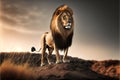 Single lion looking regal standing proudly on a small hill, AI generated Royalty Free Stock Photo