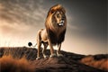 Single lion looking regal standing proudly on a small hill, AI generated Royalty Free Stock Photo