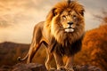 Single lion looking regal standing proudly on a small hill. Royalty Free Stock Photo