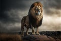 Single lion looking regal standing proudly on a small hill, AI generated Royalty Free Stock Photo