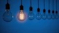 Single lit bulb among dimmed Royalty Free Stock Photo