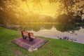 Single lonely chair near the nature lake during sunrise. Royalty Free Stock Photo