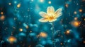 A single luminous flower surrounded by magical firefly-like lights against a blurred, dark forest background