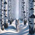 Single Lynx Wilderness Wintertime Birch Trees Snowy Pathway Forest Canada AI Generated