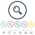 Single magnifier flat color icons in round outlines