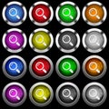 Single magnifier white icons in round glossy buttons on black background