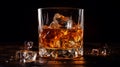 Single Malt Scotch Whisky in Glass with Ice Cubes on Rustic Wooden Table