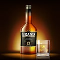 Single malt Whiskey Drink ads design. Realistic glass whiskey bottle label on shiny gold background. Vector 3d