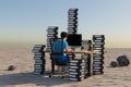 single man sitting at pc office workplace in desert environment with huge stacks of document binders workload stress burnout Royalty Free Stock Photo