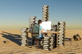 single man sitting at pc office workplace in desert environment with huge stacks of document binders workload stress burnout Royalty Free Stock Photo