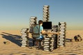 single man sitting at pc office workplace in desert environment with huge stacks of document binders workload stress burnout Royalty Free Stock Photo