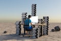 single man sitting at pc office workplace in desert environment with huge stacks of document binders workload stress burnout Royalty Free Stock Photo