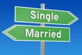 Single or married concept on the signpost, 3D rendering