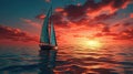 A single-masted yacht with a white sail in the sea against the sunset background. The concept of freedom