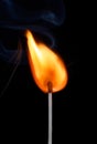 Single match stick burning bright big fire isolated