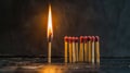 A single matchstick is lit on fire in front of a row of matches Royalty Free Stock Photo