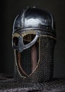 Single medieval helmet on stick around fur