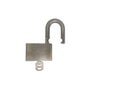 Single metal unlocked padlock with key on white background without shadow