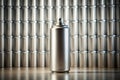 A single metallic spray can stands prominently before a vast array of similar cylindrical containers, creating a striking visual Royalty Free Stock Photo